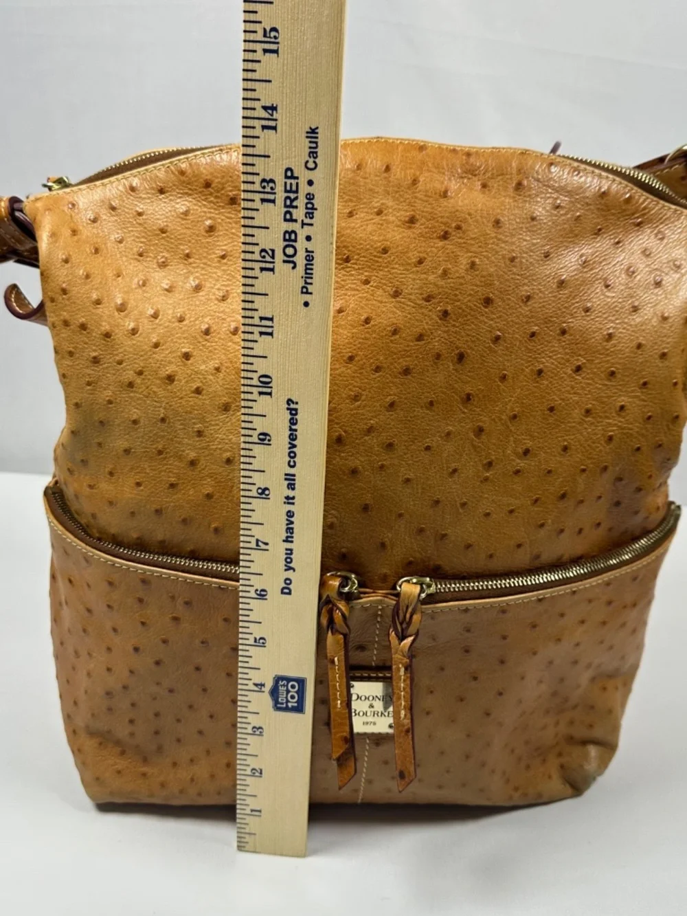 Dooney and Bourke Tan Ostrich Embossed Leather Double Front Zipper Compartments